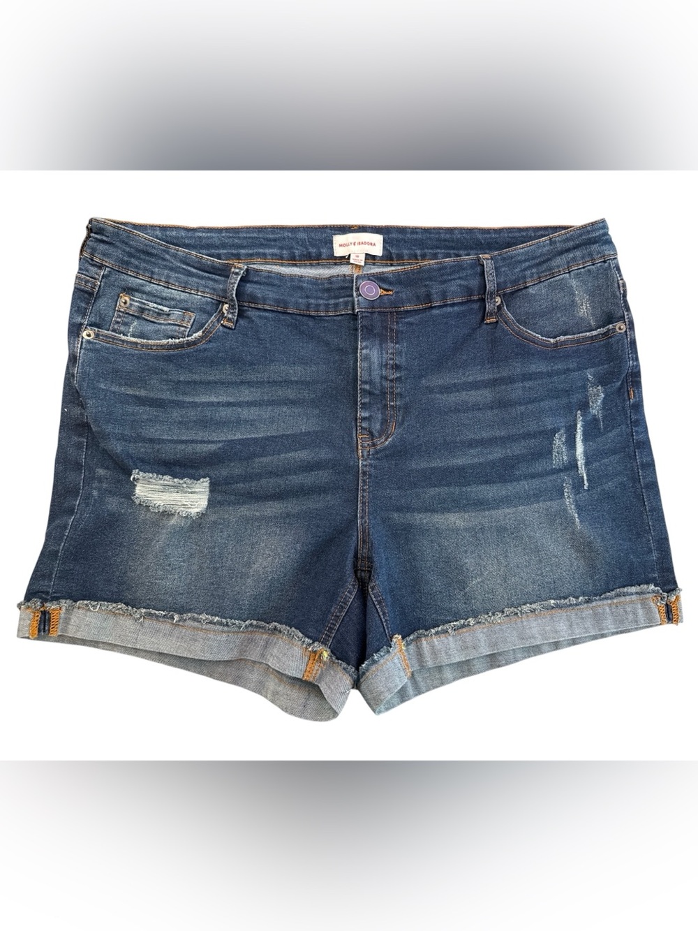 Molly & Isadora Mid-Rise Distressed Jean Shorts in Dark Blue